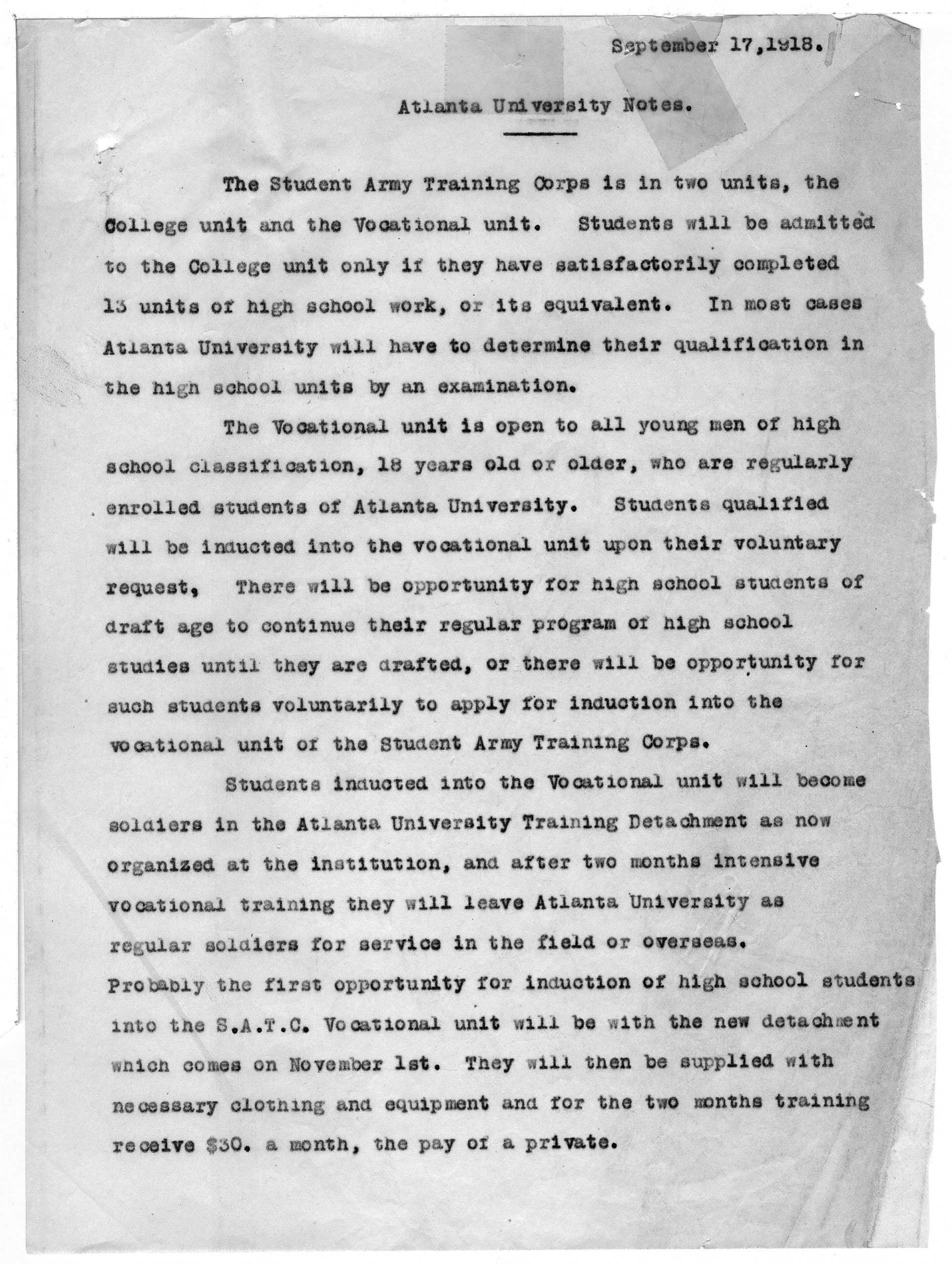 Atlanta University Notes, Atlanta University 1918 September 17 Edward Twitchell Ware Records, 1888-1929 - AU Presidential Records