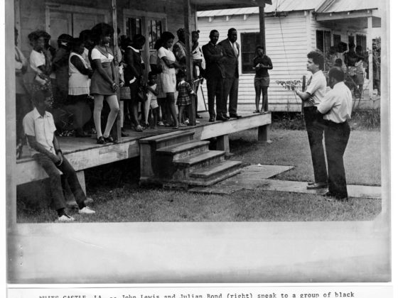 John Lewis and Julian Bond speak to group about voting rights,August, 1971, Allen, Archie E.