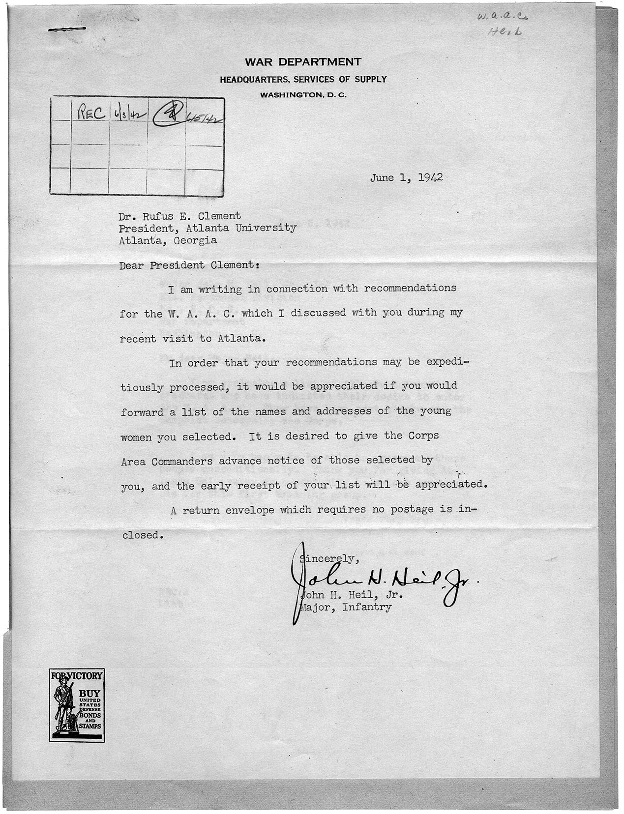 Letter to Dr. Rufus E. Clement from John H. Heil