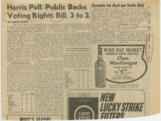 Harris Poll: Public Backs Voting Rights Bill, 3 to 2, Louis Harris; New York Post, 1965 May 10, Johnson Publishing Company Clippings File Collection