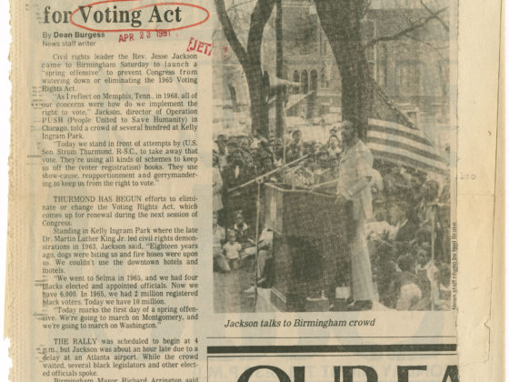 Jesse Jackson launches drive for Voting Act, Birmingham News1981 April 5Johnson Publishing Company Clippings File Collection