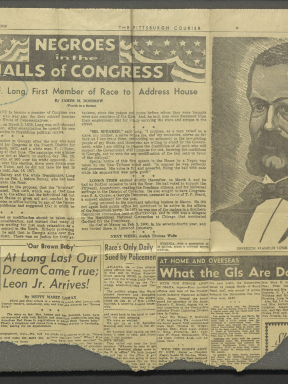 Jefferson F. Long, First Member of Race to Address House,The Pittsburgh Courier,1949 March 5,Johnson Publishing Company Clippings File Collection
