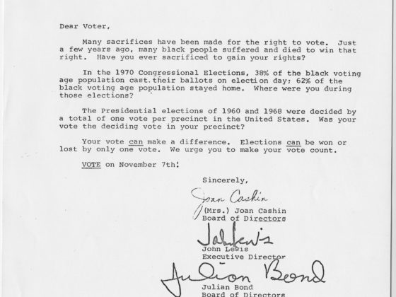 VEP voter correspondence,Voter Education Project, Inc. (Atlanta, Ga.),1972 November 1,John H. Wheeler collection