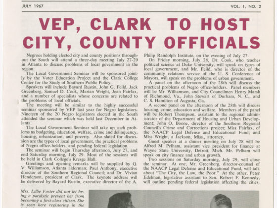 VEP News Vol. 1, No. 2,Voter Education Project (Southern Regional Council),1967 July,John H. Wheeler collection