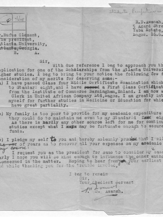 Correspondence from R.D. Aweneh of Nigeria, July 6, 1948, Rufus E. Clement records