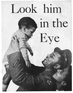"Look Him in the Eye", This booklet discusses Black veterans and those who served in the armed forces. It features various images of Black men in combat.