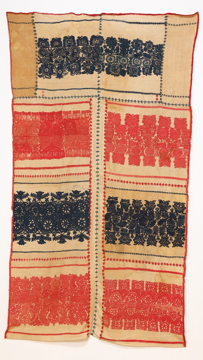 Embroidered cloth curtain: blue, green, and red on beige, Artist Unknown, n.d.