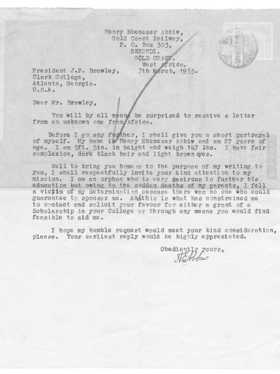 Correspondence from Henry Abbiw of Gold Coast (now Ghana), March 15, 1995, James P. Brawley collection