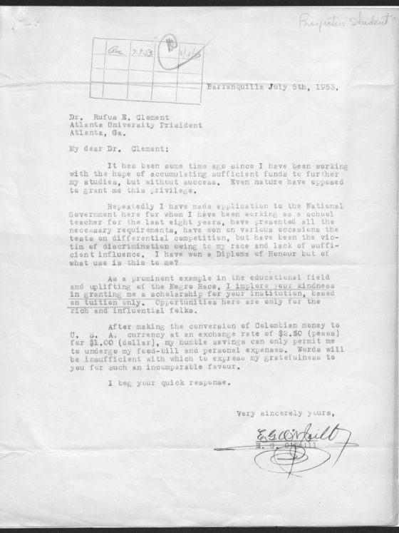 Correspondence from E.G. O'Neil of Colombia, July 5, 1953, Rufus E. Clement records