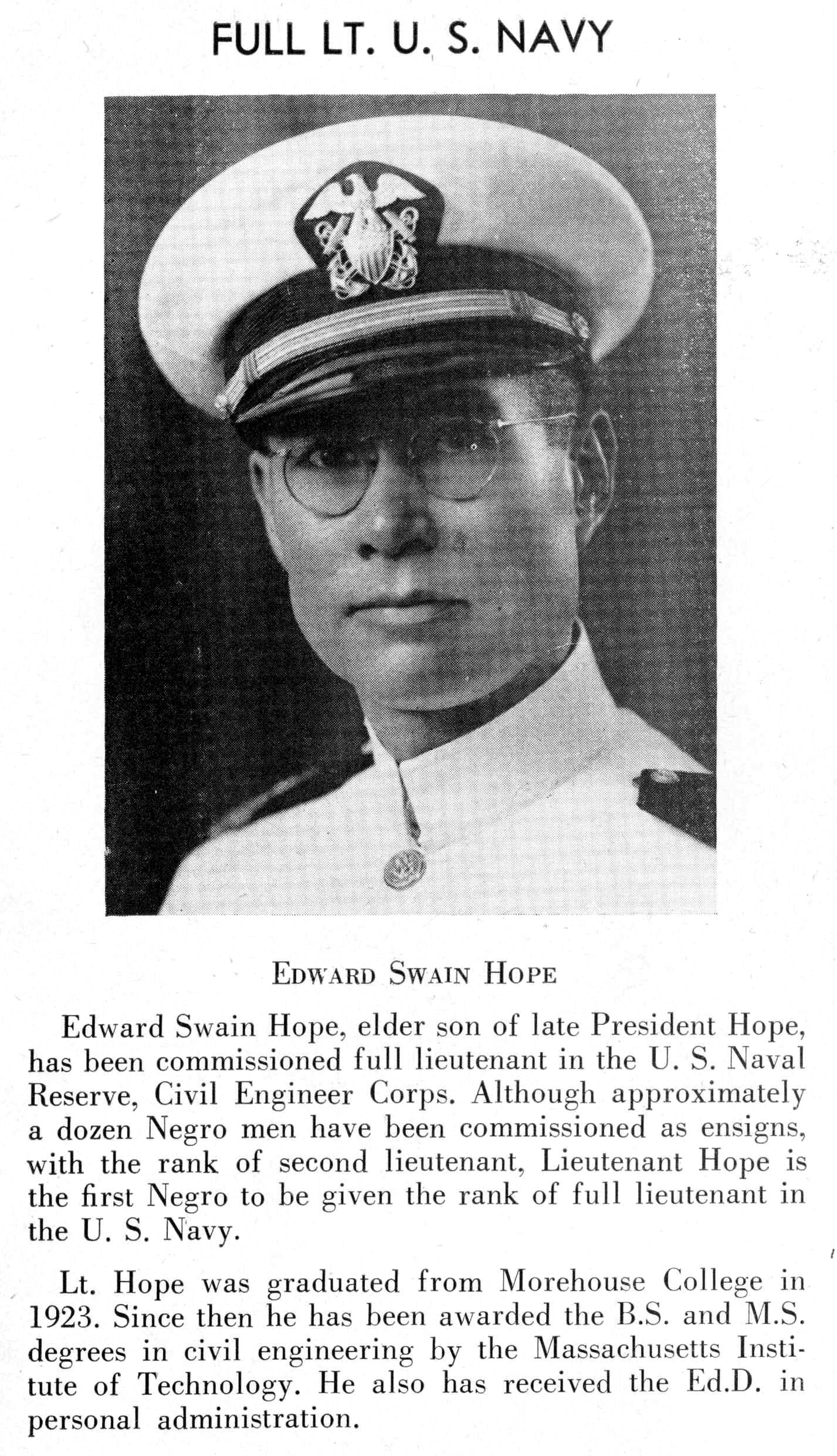 Photograph of Lt. Edward Swain Hope of US Navy, The Maroon Tiger, Volume 4, No. 1, Morehouse College (Atlanta, Ga.), 1944, Morehouse College printed and published materials