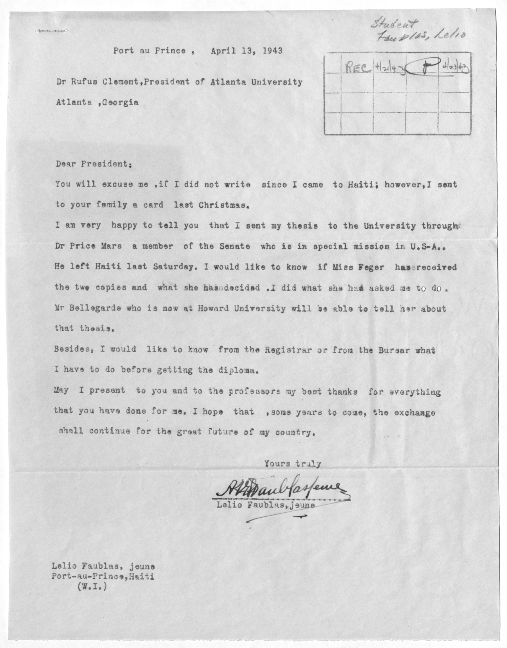 Letter from Lélio Faublas, Jeune to Rufus Clement, April 13, 1943, Rufus E. Clement record
