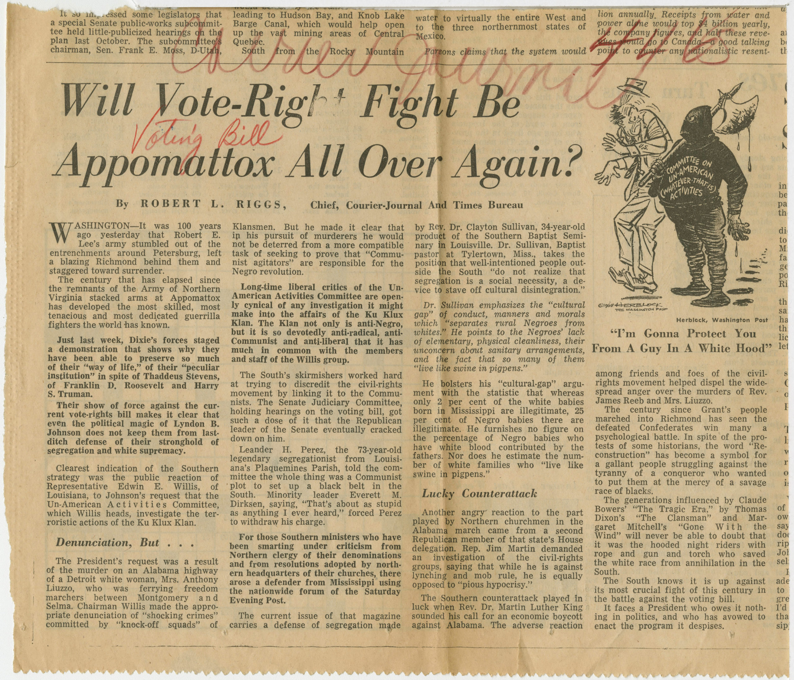 Will Vote-Right Fight Be Appomattox All Over Again, Robert L. Riggs, circa 1965, Johnson Publishing Company Clippings File Collection