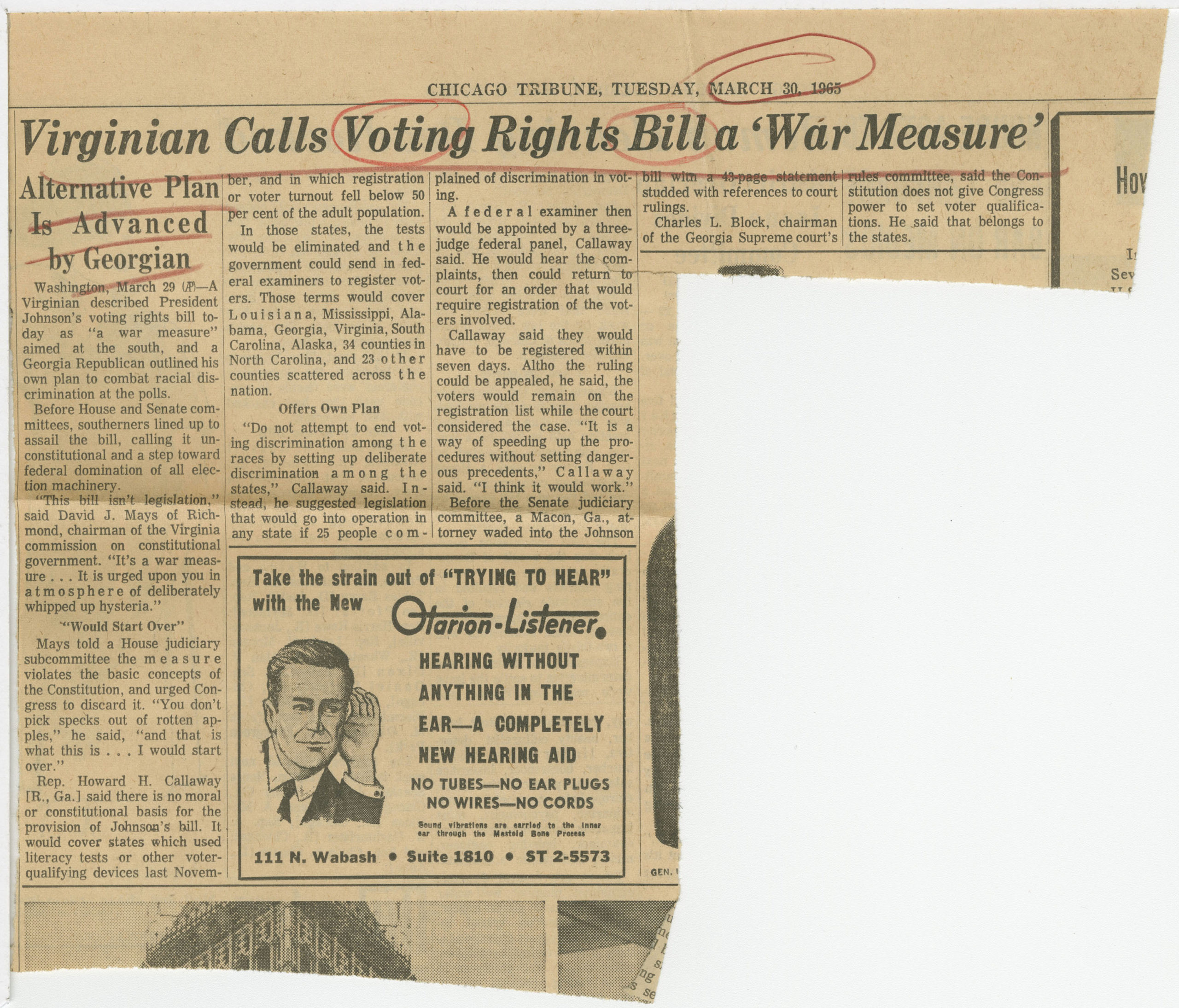 Virginian Calls Voting Rights Bill a 'War Measure', Chicago Tribune1965 March 30Johnson Publishing Company Clippings File Collection