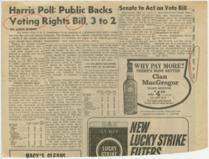 Harris Poll: Public Backs Voting Rights Bill, 3 to 2, Louis Harris; New York Post, 1965 May 10, Johnson Publishing Company Clippings File Collection