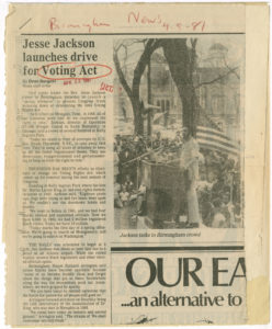 Jesse Jackson launches drive for Voting Act, Birmingham News1981 April 5Johnson Publishing Company Clippings File Collection