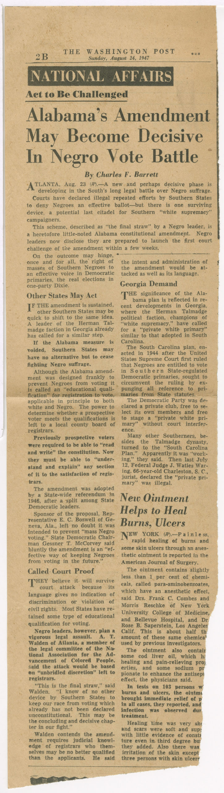Alabama's Amendment May Become Decisive In Negro Vote Battle,Washington Post,1947 August 24,Johnson Publishing Company Clippings File Collection