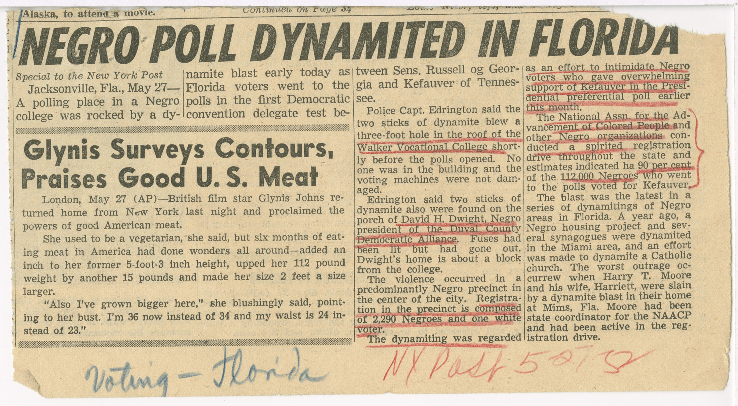Negro Poll Dynamited in Florida,NY Post,1952 May 27,Johnson Publishing Company Clippings File Collection