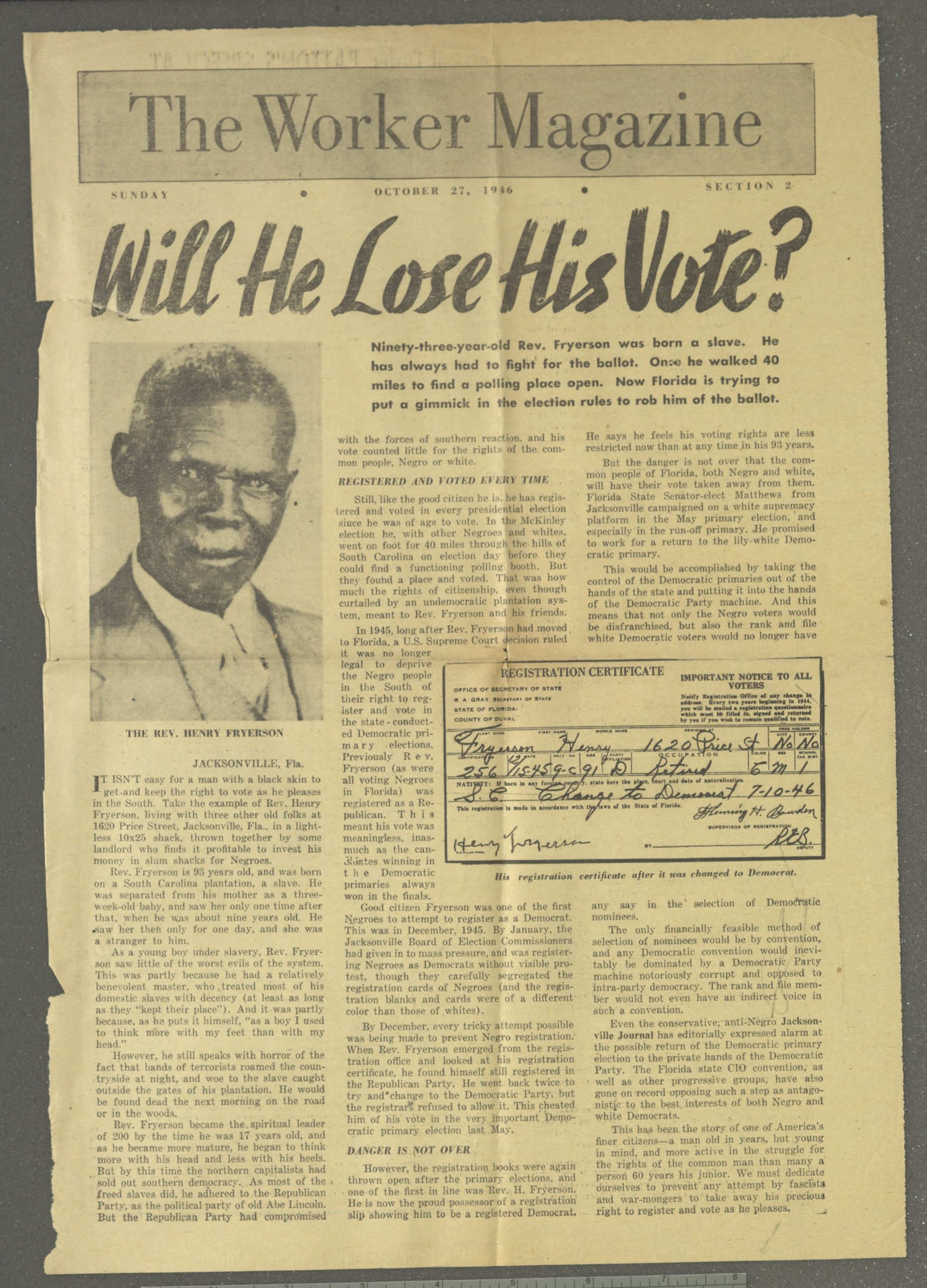 Will He Lose His Vote?,The Worker Magazine,1946 October 27,Johnson Publishing Company Clippings File Collection