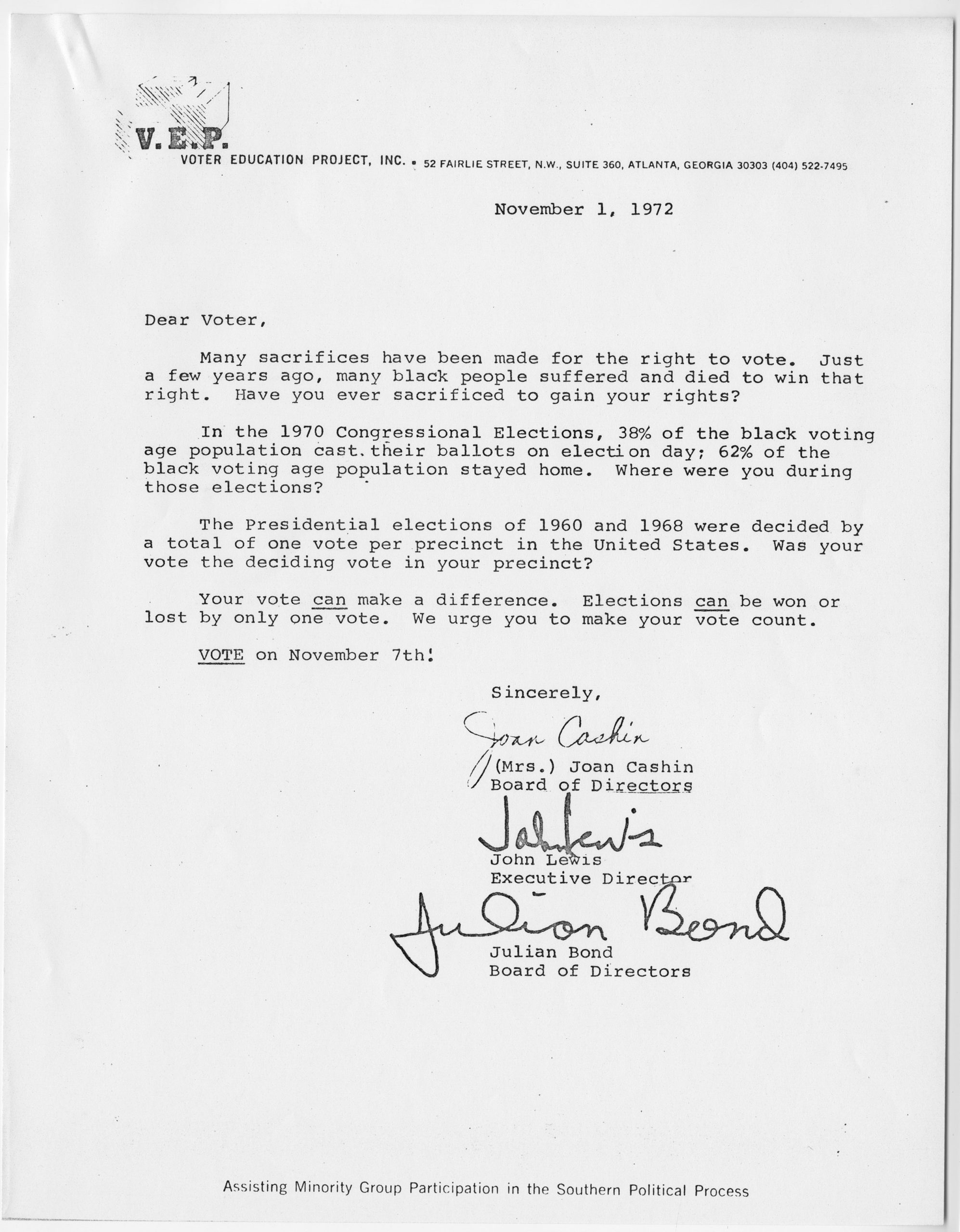 VEP voter correspondence,Voter Education Project, Inc. (Atlanta, Ga.),1972 November 1,John H. Wheeler collection