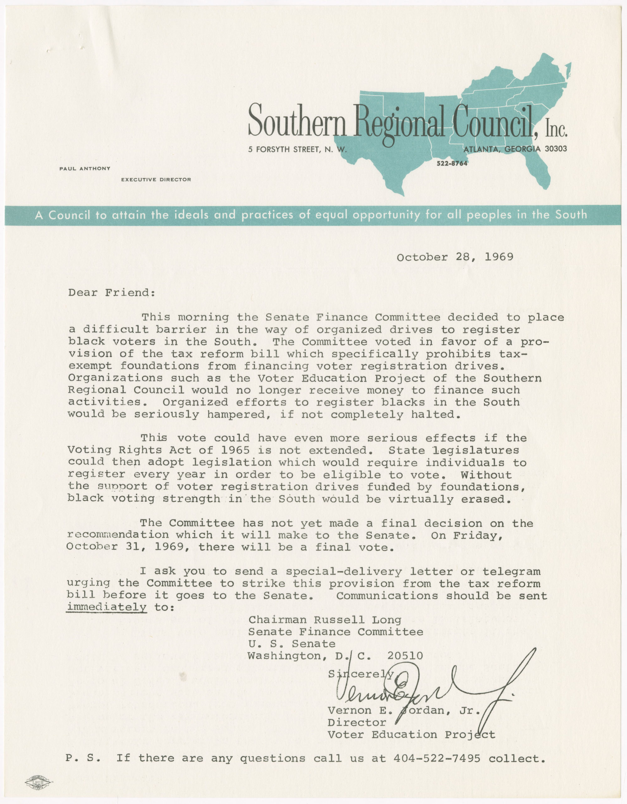 Correspondence regarding tax legislation impacting voter registration drives,Voter Education Project (Southern Regional Council),1969 October,John H. Wheeler collection