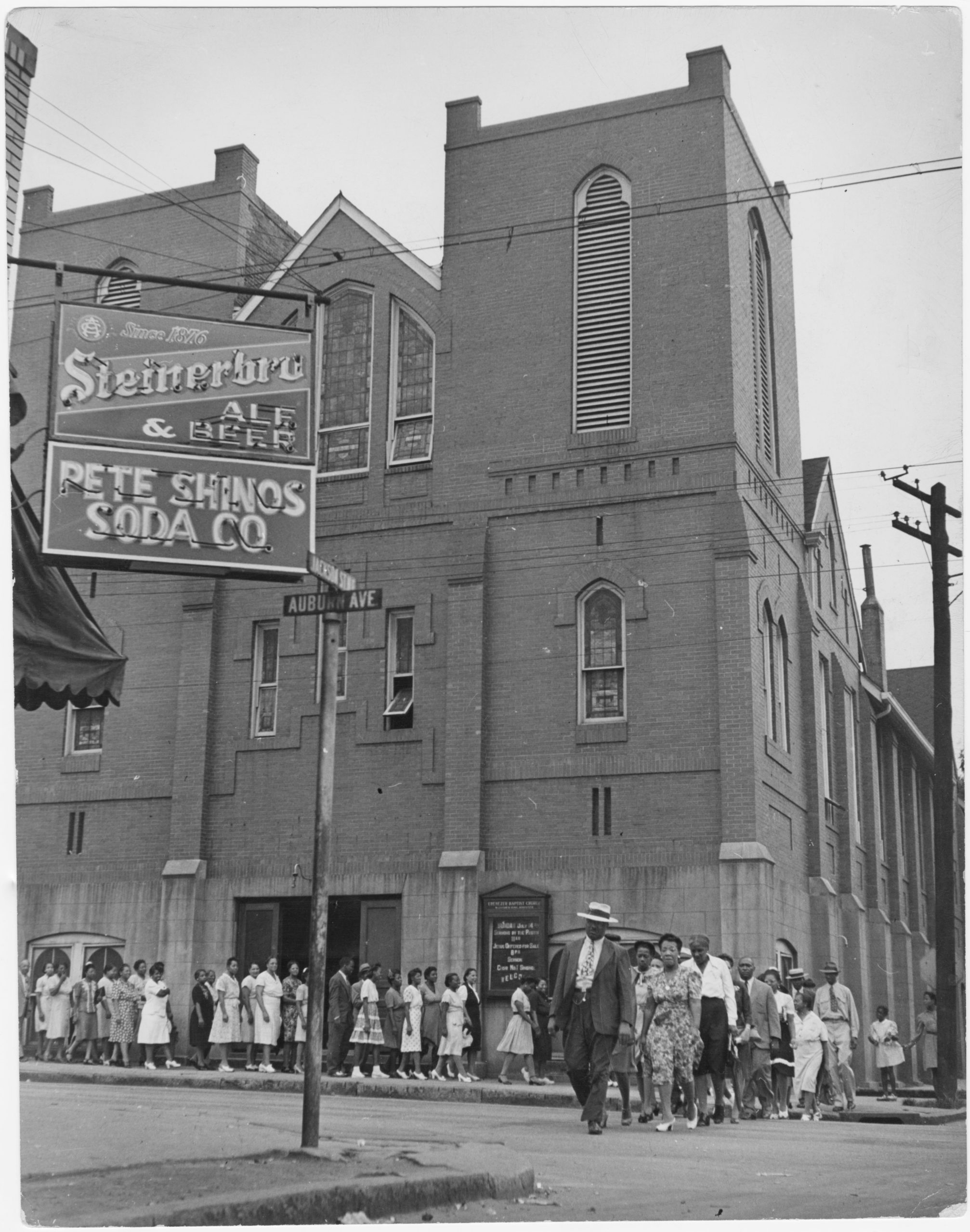 Line of voters outside Ebenezer Baptist Church led by Martin Luther King, Sr., 1946 July,Grace Towns Hamilton papers