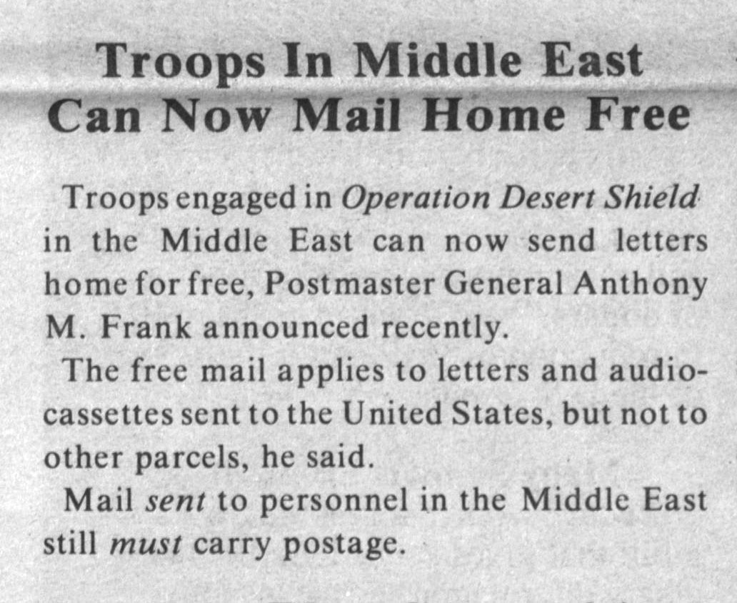 "Troops In Middle East Can Now Mail Home Free", AUC Digest Vol. 17, No. 32, Atlanta University Center1990 September 24Atlanta University Center (AUC) printed and published materials