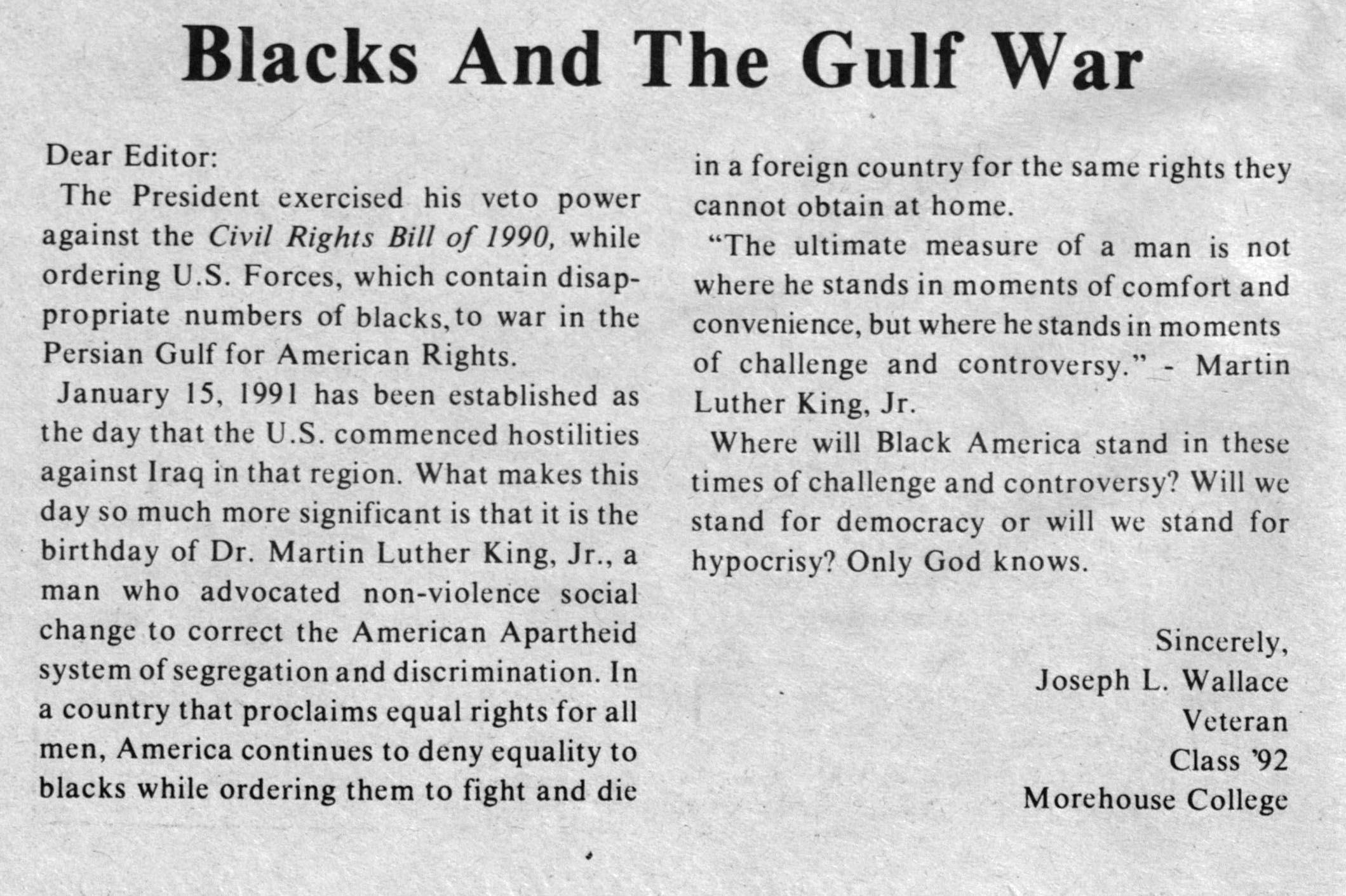 "Blacks And The Gulf War", AUC Digest Vol 18., No. 16, Atlanta University Center, Joseph L. Wallace, 1991 February 18, Atlanta University Center (AUC) printed and published materials