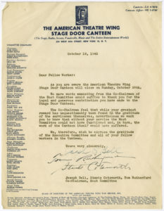 Letter from American Theatre Wing Stage Door Canteen Host Committee, Countee Cullen, 1903-1946, Harold Jackman, 1901-1961, 1945 October 19, Countee Cullen-Harold Jackman Memorial Collection