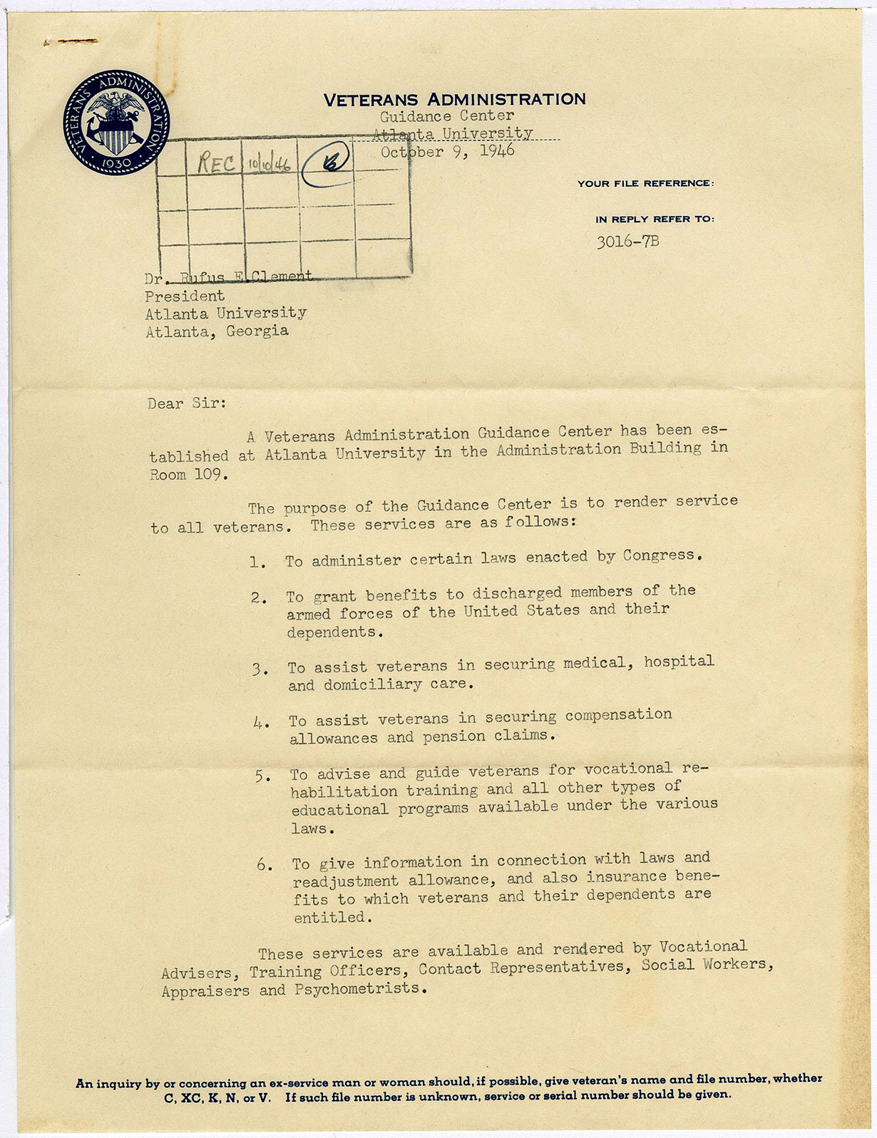 Letter to Dr. Rufus E. Clement from Quentin S. Doty, Quentin S. Doty, United States. Veterans Administration, 1946 October 9, Rufus E. Clement Records, 1933-1969 - AU Presidential Records