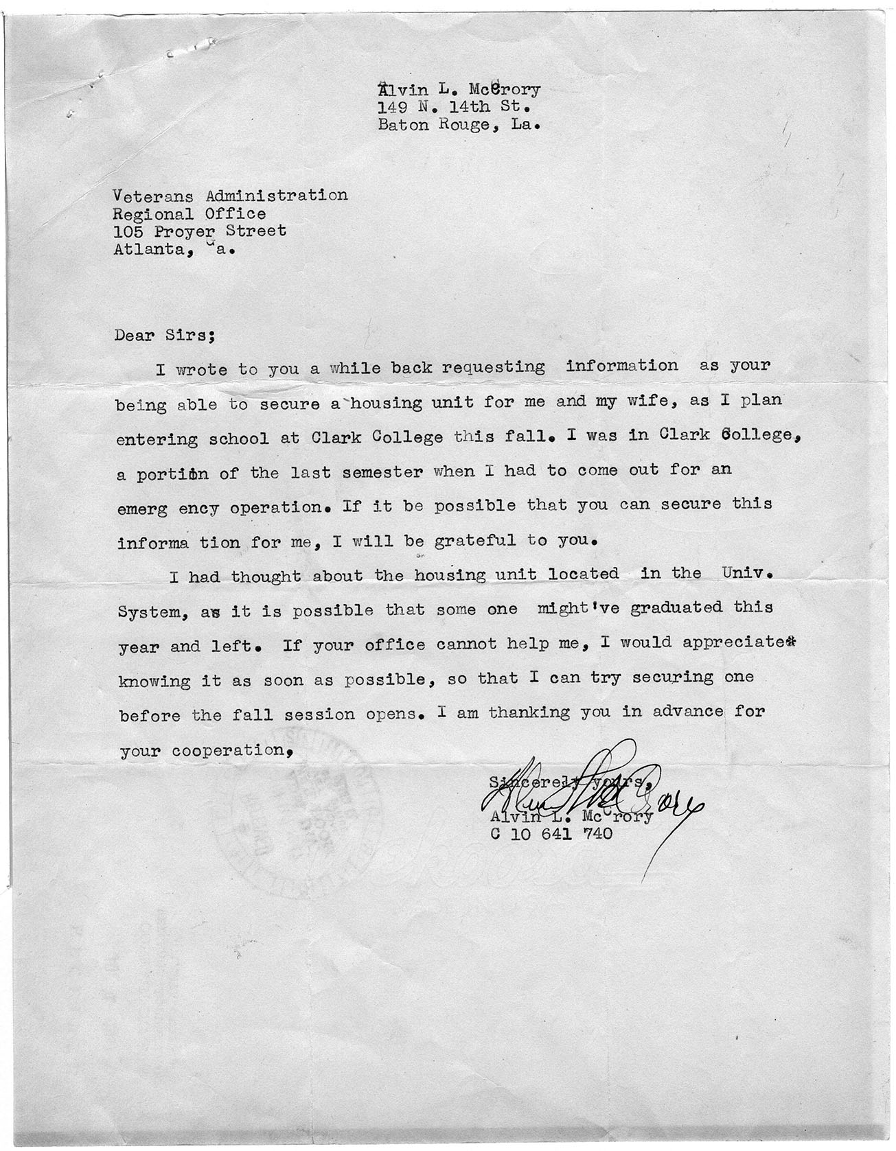 Letter to Veterans Administration from Alvin L. McCrory, Alvin L. McCrory, Atlanta University, 1947 July 1, Rufus E. Clement Records, 1933-1969 - AU Presidential Records