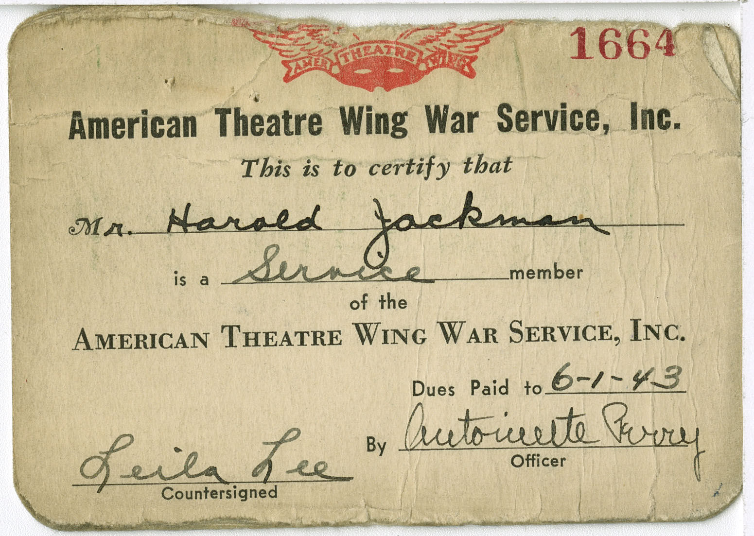American Theatre Wing War Service identification card, Countee Cullen, 1903-1946, Harold Jackman, 1901-1961, 1943 June 1, Countee Cullen-Harold Jackman Memorial Collection