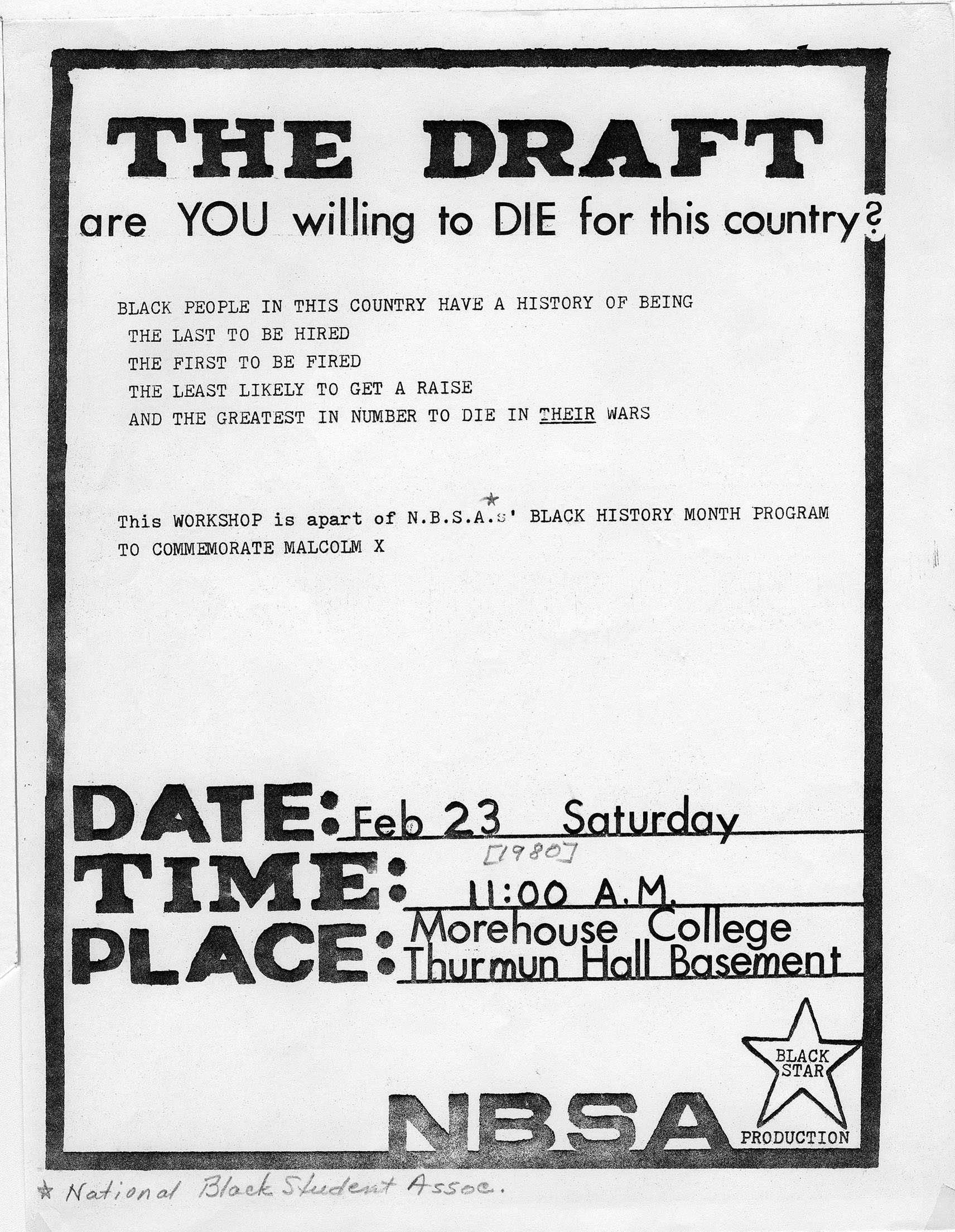 "The Draft: are YOU willing to DIE for this country?", Morehouse College (Atlanta, Ga.), undated, Morehouse Vertical File