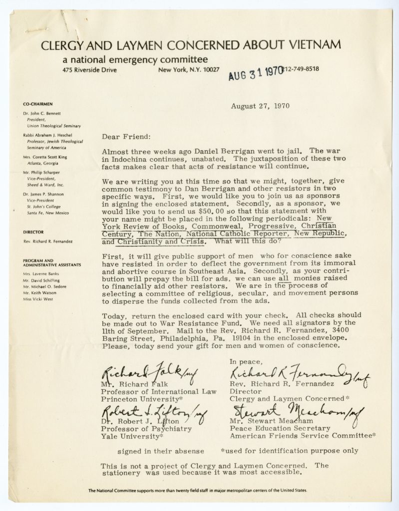 Signed Statement from Clergy and Laymen Concerned About Vietnam national emergency committee