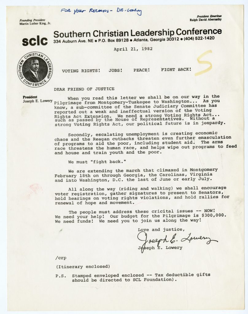 Southern Christian Leadership Conference Correspondence from  Dr. Joseph Echols Lowery