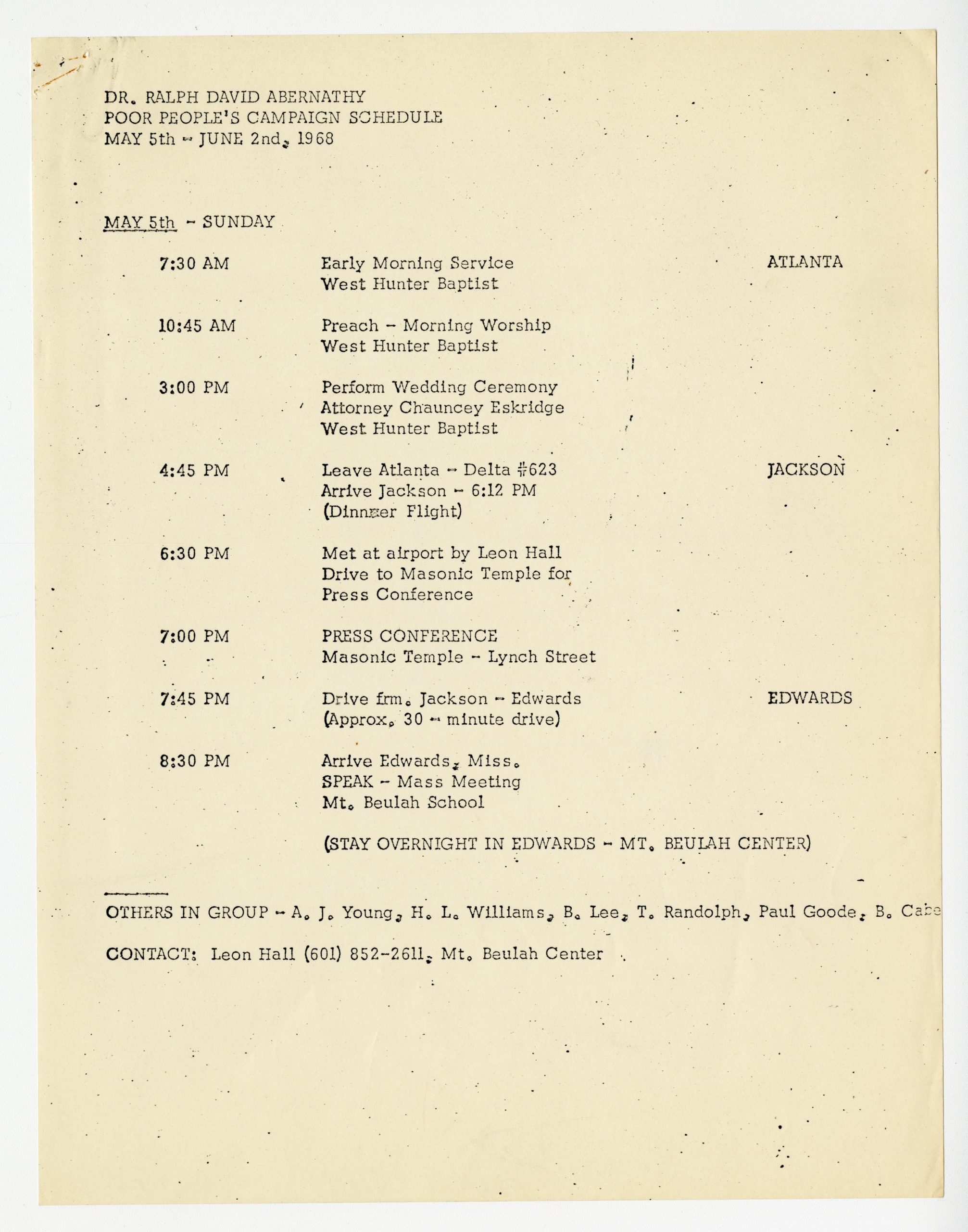 Poor People Campaign schedule May - June 1968